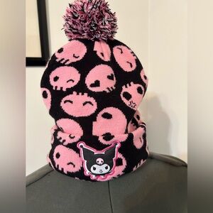 Kuromi pink and black skull Pom winter hat